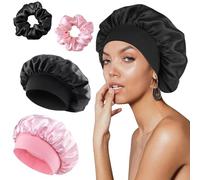 2 Pièces Bonnet Satin Cheveux Nuit avec Chouchous, FUKPO Bonnet Soie Sommeil Cheveux Long Court Nuit Femme Silk Bonnet Bouclés pour Dormir Douche(Noir, Rose)
