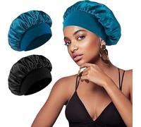 2 Pièces Bonnet Satin Cheveux Nuit, Respirant Bonnets Cheveux Nuit pour Femmes Et Filles, Réglable Antidérapante Bonnet De Sommeil en Soie, pour Protection Courts Longs Bouclés(Noir&Bleu)