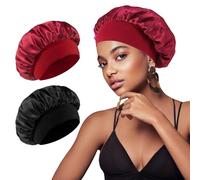 2 Pièces Bonnet Satin Cheveux Nuit, Respirant Bonnets Cheveux Nuit pour Femmes Et Filles, Réglable Antidérapante Bonnet De Sommeil en Soie, pour Protection Courts Longs Bouclés(Noir&Rouge)
