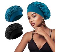 2 Pièces Bonnet Satin Cheveux Nuit, Respirant Bonnets Cheveux Nuit pour Femmes Et Filles, Réglable Antidérapante Bonnet De Sommeil en Soie, pour Protection Courts Longs Bouclés(Noir&Bleu)