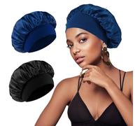 2 Pièces Bonnet Satin Cheveux Nuit, Respirant Bonnets Cheveux Nuit pour Femmes Et Filles, Réglable Antidérapante Bonnet De Sommeil en Soie, pour Protection Courts Longs Bouclés(Noir&Bleu Foncé)