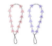 2 Pièces Bracelet de Téléphone Perlé, Papillon en Cristal Phone Charms Perles Lanière Téléphone Portable Cordon de Poignet pour Téléphone Porte-Clés pour Femmes Filles (Mauve, Rose)