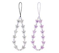 2 Pièces Bracelet de Téléphone Perlé, Papillon en Cristal Phone Charms Perles Lanière Téléphone Portable Cordon de Poignet pour Téléphone Porte-Clés pour Femmes Filles (Violet, Blanc)