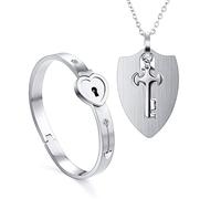 2 pièces bracelet jonc avec serrure et pendentif chaîne clé Argent kit,bracelets cadenas et cles acier inoxydable,bijoux femme homme fille collier pour couple amoureux Paare partenaire amitié cadeau