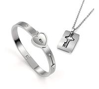 2 pièces bracelet jonc avec serrure et pendentif chaîne clé ensemble kit, bracelets cadenas et cles acier inoxydable,bijoux femmes hommes collier pour couple amoureux Paare partenaire amitié cadeau