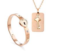 2 pièces bracelet jonc avec serrure et pendentif chaîne clé Or rose kit,bracelets cadenas et cles acier inoxydable,bijoux femme homme fille collier pour couple amoureux Paare partenaire amitié cadeau
