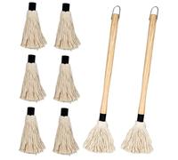 2 Pièces Brosse à Barbecue, 46cm Manche Long en Bois Vadrouille à Badigeonner pour Gril Pinceau à Sauce avec 6 Têtes de Rechange Supplémentaires pour Barbecue Grillades Fumer du Steak