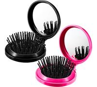 2 Pièces Brosses à Cheveux à Miroir Pliantes de Voyage Brosse à Cheveux de Poche Pliante Ronde Mini Peigne à Cheveux Peigne Miroir de Massage Compact de Voyage pour Femmes (Noir, Rose Rouge)