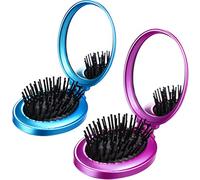 2 Pièces Brosses à Cheveux Pliantes Miroir de Voyage Brosse à Cheveux Pliante Ronde Mini Peigne à Cheveux Format de Voyage Compact Peigne de Massage de Cheveux pour Femmes et Filles (Bleu, Violet)