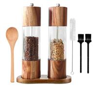 2 Pièces Broyeur Épices Céramique Manuel pour Cuisiniers Maison, Graines Fenouil Moudre, Moulin Sel Mer et Poivre Bois Ajustable avec Fenêtre Acrylique Transparent, Base, 3 Brosses Nettoyage, Cuillère
