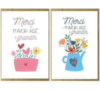 2 pièces carte de vœux, Merci de m'avoir aidé à grandir. Merci maitresse. Carte Merci nounou,carte de professeur