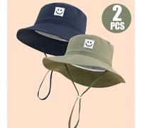 2 pièces Chapeau de soleil d'été pour enfants, couleur unie, avec visage souriant brodé et jugulaire, protection contre le soleil et la plage 1-3Y,3-12M,3-8YLettresPolyester