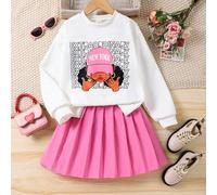 2 pièces Chapeau vert pour filles, sweat-shirt imprimé pour fille assorti avec une jupe plissée verte, ensemble automne/hiver 8Y,9Y,10Y,11Y,12YCartoon,LettresÉtoffe