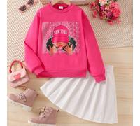 2 pièces Chapeau vert pour préadolescentes, sweat-shirt imprimé pour filles assorti à une jupe plissée verte, ensemble automne/hiver 8Y,9Y,10Y,11Y,12YgraphiqueÉtoffe