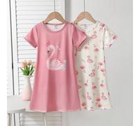 2 pièces Chemises de nuit pour filles tout-petits, col rond, manches courtes, ourlet long, été, rose et abricot, imprimé cygne de dessin animé mignon, vêtements de détente, pyjamas, tissu en tricot do