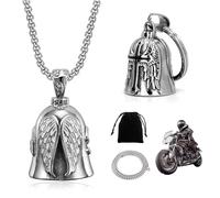 2 Pièces Cloche de gardien pour moto avec 1 Chaîne et 1 Pochette en Velours Kit, Motorrad Glocke Glücksbringer en Acier Titane, Clochette Moto pour Segne Den Frieden Motard Biker Homme Mari