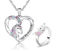 2 Pièces, Collier Licorne Bague Licorne pour Femmes Filles, Collier Pendentif Coeur Pierre CZ, “You Are Magical” Licorne Bijoux Cadeau pour Fille Petite-fille Nièce, Fit Fête D'anniversaire de Noël