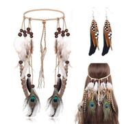 2 Pièces Costume Indien Femme Set Hippie Boho Bandeau à Plumes et Boucles d'Oreilles Fait Main Idéal pour Carnaval Cosplay et Usage Quotidien