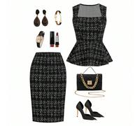 2 pièces Costume tailleur élégant noir pour femmes, style français à carreaux pour le travail ou les déplacements. Chemise et jupe noires et blanches à carreaux, tenue de professeur, style "old money"