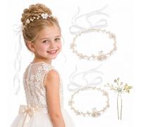 2 Pièces Couronne de Fleurs pour Enfants, avec 1 Pièce Fleur Épingle, Accessoires de Cheveux, Couronnes avec Perle, Mariage Coiffe, pour Anniversaire, Première Communion, Mariage, Fête