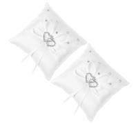 2 Pièces Coussin D’alliances Élégant 4x4 Pouces avec Cœurs Doubles | Ruban à Nouer, Strass Décoratifs, Tissu et Plastique, pour Cérémonie, Réception, Fille Fleuriste