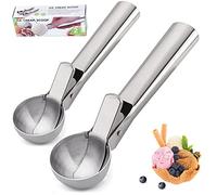 2 Pièces Cuillère à Glace, Cuillère à Glace en Acier 304 Inoxydable Cuillère à Glace, Cuillère à Glace avec éjecteur, pour Boules à Glace, Riz, Boules de Melon, Pâte à Biscuit