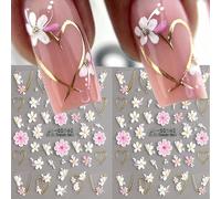 2 pièces d'autocollants d'art pour les ongles avec un motif de fleurs et de cœurs en relief de style estampé à chaud pour le printemps et l'été - fleurs dorées, roses et blanches, motifs de fleurs cre