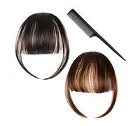 2 pièces de bangs perruque clip naturel faux bangs, faux bangs, cheveux réels, air bangs, accessoires pour cheveux féminins, brun-noir + brun clair, avec 1 peigne