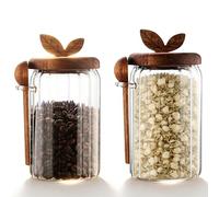 2 pièces de bocaux de conservation, 800 ml avec couvercle, boîtes de conservation en verre avec cuillère en bois, récipients de stockage avec design nervuré, boîte de conservation hermétique pour café