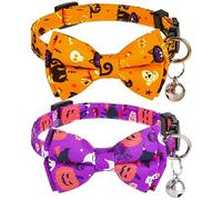 2 Pièces de Collier de Chat Halloween, Collier de Chat Réglable 30x1 cm avec Cloche Collier de Chaton Imprimé Citrouille pour Accessoires de Décoration Chien Chaton (Orange, Violet)