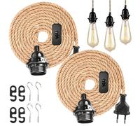 2 pièces de suspension avec interrupteur et prise, Douille E27, corde de chanvre de 4,5 m, lampe vintage, câble de lampe suspendue, suspension, suspension DIY, lampe suspendue pour entrepôt, ferme