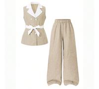 2 pièces Débardeur sans manches rayé décontracté pour filles préadolescentes, retour à l'école, été, avec ceinture et pantalon à jambes larges taille haute 8Y,9Y,10Y,11Y,12YUnicolorePolyester