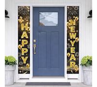 2 pièces Decoration Nouvel an 2026 Bannière, porte 30x180cm noir or avec message Happy New Year pour fête maison balcon extérieur intérieur photo ambiance festivité