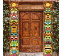 2 pièces Décorations de fête hawaïenne Luau, bannière de cantonnière de rideau de totem tiki convenant pour la décoration de fête d'anniversaire tropicale hawaïenne Luau, décoration tiki d'extérieur 2