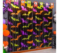 2 pièces Décorations pour fête d'Halloween, avec rideaux à franges métalliques de motif de chauve-souris coloré, 39*78 pouces Toile de fond photographique pour Halloween, Fournitures de fête d'Hallowe