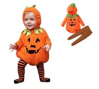 2 Pièces Deguisement Halloween Citrouille Bebe, Manches Longues Polaire Grenouillère Bébé Fille Garçon Cosplay, Costume Citrouille à Capuche Et Pantalon Rayé pour Bébés de 0 à 24 Mois