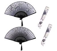 2 pièces d'éventails pliants et 2 pièces de sacs d'éventail, éventail en bambou à pampilles, éventail pliant de style chinois, éventail pliant en soie vintage, sac d'éventail double couche vintage