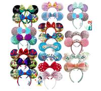 2 pièces Disney Mickey oreilles bandeau Shanghai Disneyland Minnie bandeau en cuir bandeau paillettes arc fête cheveux accessoires as picture 12