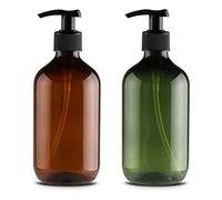2 Pièces Distributeur de Savon 500 ML, Flacons Vides à Pompe à Pression Vide en Plastique, Rechargeable pour huiles essentielles, lotions, shampooing, après-shampoing(Marron&Vert)