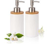 2 Pièces Distributeur de Savon en Céramique, 400ml Distributeur Gel Douche avec Pompe en Plastique, Soap Dispenser Rechargeable Flacon Pompe Vide (Blanc)