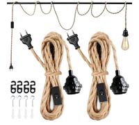 2 Pièces Douille E27 avec Câble 4.5m en Corde de Chanvre Tressée Vintage et Interrupteur, Suspension Douille E27 Corde pour DIY Lampe Suspension Cuisine Cave Loft Entrepôt