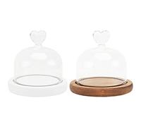 2 Pièces en Verre Clair avec Socle en Bois Mini Fromage Plateau Végétal avec Verre en Forme de Coeur Top Affichage en Verre Cloche Clair Cloche en Verre Couverture pour