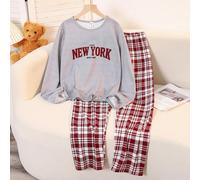 2 pièces Ensemble à la maison pour adolescentes avec Top imprimé de lettres New York simple gris et pantalon imprimé à carreaux résistant aux flammes 14Y,13Y,16Y,15YGéométrique,LettresÉtoffe