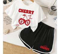 2 pièces Ensemble adolecente Top court à col Peter Pan imprimé lettrage slogan et chiffre 8 cerise, short de sport, printemps/été pour filles 8Y,9Y,10Y,11Y,12YGéométrique,LettresPolyester