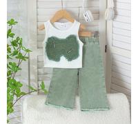 2 pièces Ensemble Bébé Fille Débardeur Côtelé Patchwork Denim et Pantalon Long Denim, Fin Printemps/Été 6-9M,9-12M,12-18M,18-24M,2-3Ygraphique,LettresJean,Jacquard