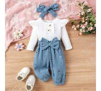 2 pièces Ensemble bébé fille mignon décontracté avec body à manches longues, pantalon imprimé et bandeau fin pour printemps automne extérieur 6-9M,9-12M,1-3M,3-6MPlantesVelours côtelé,Étoffe