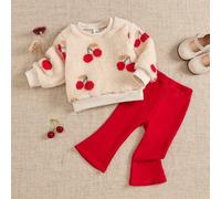 2 pièces/Ensemble Bébé Fille Top Pull à Manches Longues Col Rond Imprimé Cerise Doublure Polaire Épais Beige + Pantalon Legging Évasé Taille Élastique Rouge Tenue Automne 6-9M,9-12M,12-18M,18-24M,2-3Y