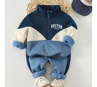 2 pièces Ensemble bébé garçon avec sweat-shirt à capuche col rond manches longues zippé à mi-hauteur avec imprimé lettre et bloc de couleurs, et pantalon de jogging à taille élastique 6-9M,9-12M,12-18