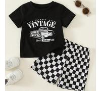 2 pièces/Ensemble Bébé Garçon Mignon Été Décontracté Vintage Usé Graphique Voiture T-shirt Manches Courtes Ample & Short à Carreaux Tenue de Course Ensemble Nourrisson Tout-Petit 6-9M,9-12M,12-18M,18-