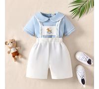 2 pièces Ensemble bébé garçon : Top à col bleu clair, shorts décontractés mignons avec imprimé de carrousel blanc avec bretelles 6-9M,9-12M,12-18M,18-24M,2-3Y,3-6MCartoonPolyester